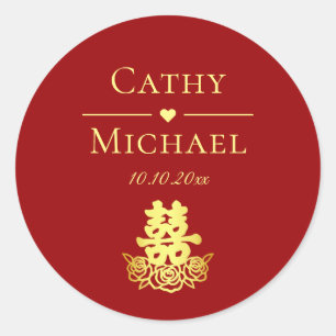Elegant double happiness rose Chinese wedding red Classic Round Sticker