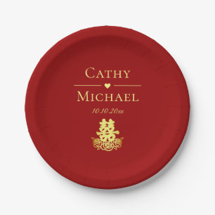 Elegant double happiness rose Chinese wedding red Paper Plate