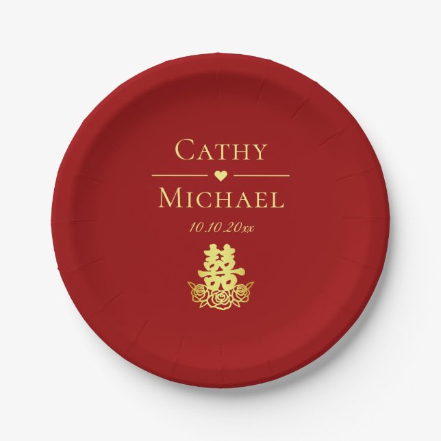 Elegant double happiness rose Chinese wedding red Paper Plate (Front)