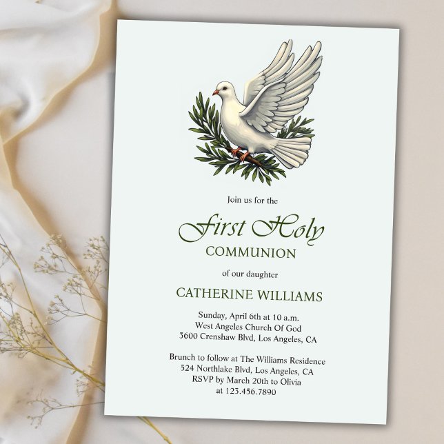 Elegant Dove and Olive Branch First Holy Communion Invitation (Elegant Dove and Olive Branch First Holy Communion Invitation)