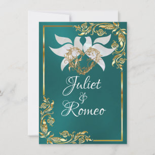 Elegant Doves, Heart, & Gold Leaves on Teal Invitation