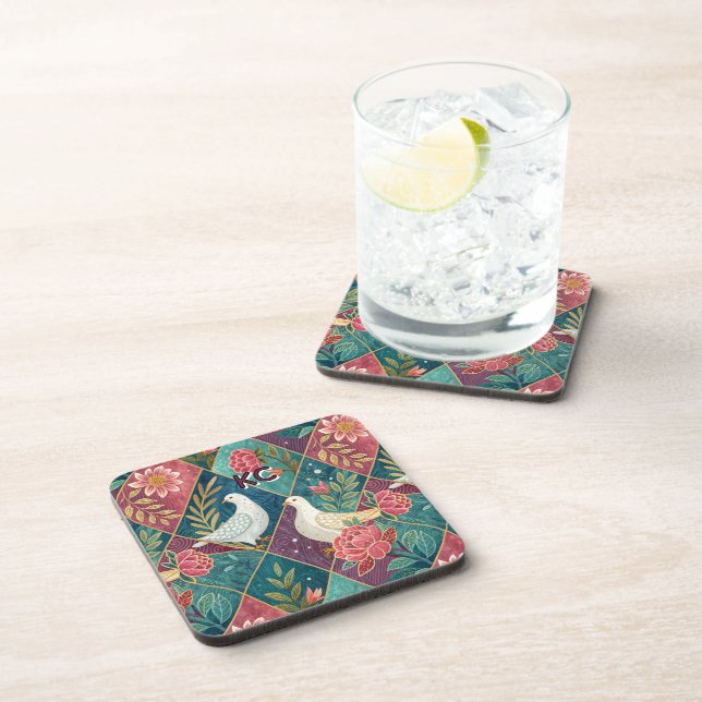 Elegant Doves Pink Floral & Gold Geometric Plastic Coaster (Right Side)