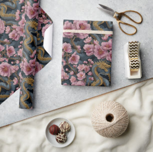 Elegant Dragon and Pink Cherry Blossom Fantasy Wrapping Paper
