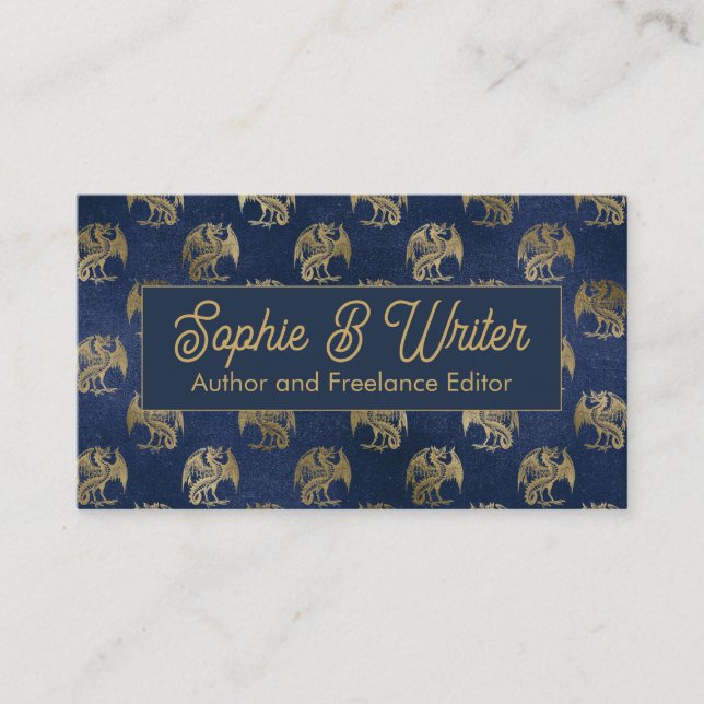 Elegant Dragon Blue Gold Fantasy Authors Writers Business Card (Front)