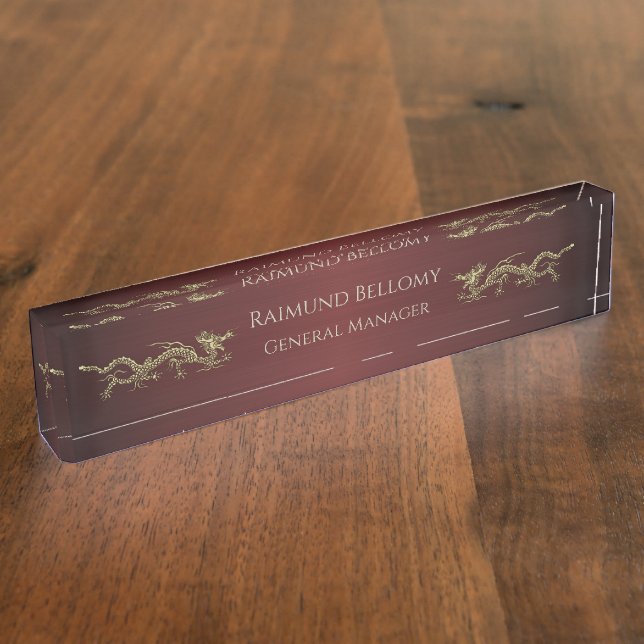 Elegant Dragon Red Metallic Desk Nameplate (Side)