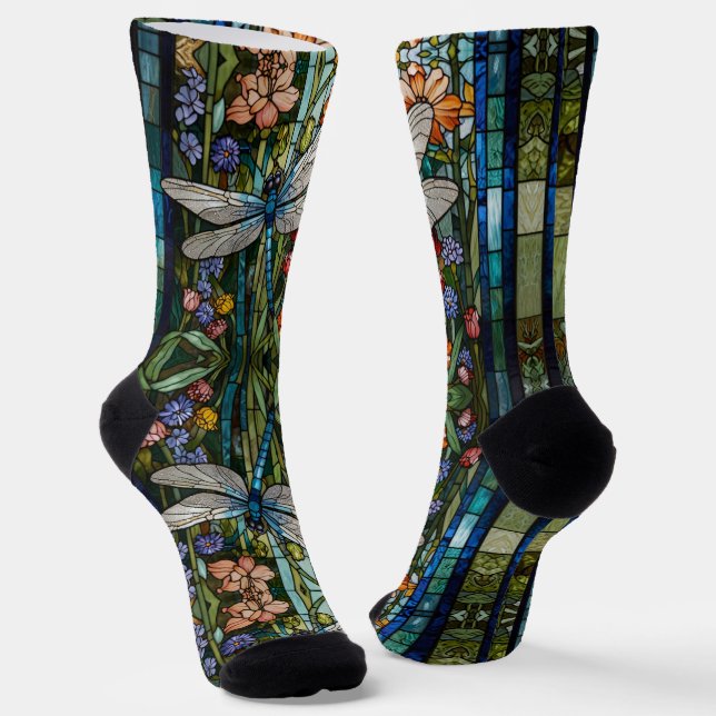 Elegant Dragonfly floral botanical stain glass Socks (Angled)