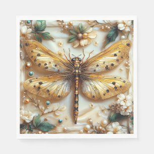 Elegant Dragonfly Flower Gold Metallic Gems Pearls Napkin