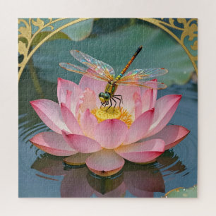 Elegant Dragonfly Pink Lotus Art Nouveau Frame Jigsaw Puzzle