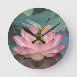 Elegant Dragonfly Pink Lotus Art Nouveau Frame Round Clock