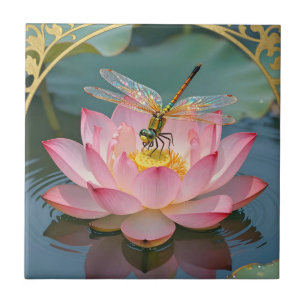 Elegant Dragonfly Pink Lotus Art Nouveau Frame Tile