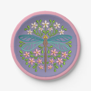 Elegant Dragonfly Pink Purple Floral Design Party Paper Plate