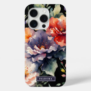 Elegant Dramatic Dark Floral on Black Monogram iPhone 15 Pro Case