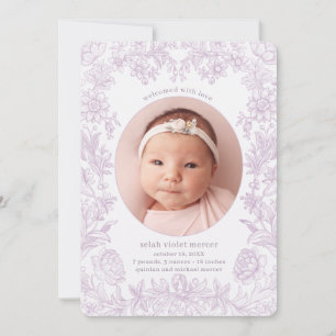 Elegant Drawn Floral Lavender Birth Announcement