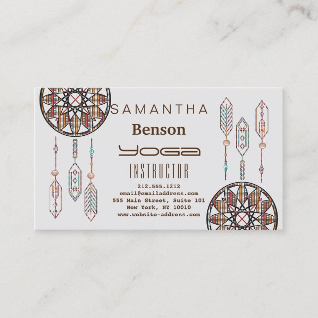 Elegant  Dream Catcher Feathers Yoga Instructor Business Card (Front)