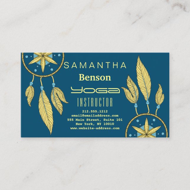Elegant  Dream Catcher Feathers Yoga Instructor Business Card (Front)