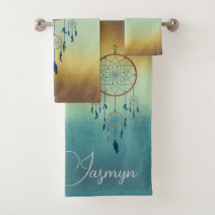 Elegant dreamcatcher o  blue brown personalized bath towel set