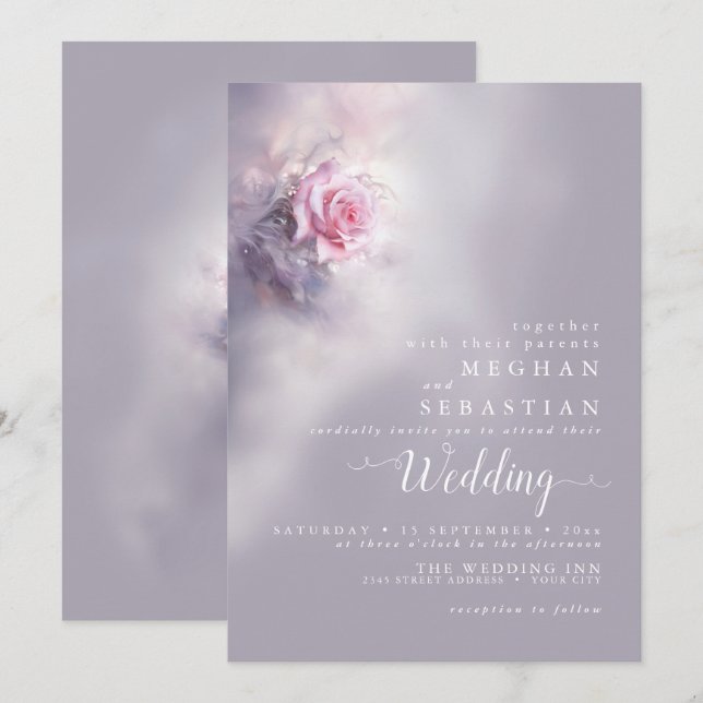 Elegant Dreamy Pink Rose on Dusty Lilac  Invitation (Front/Back)