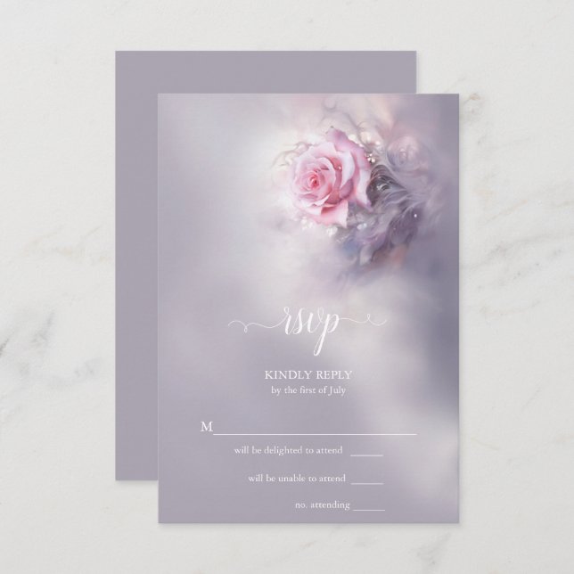 Elegant Dreamy Pink Rose on Dusty Lilac RSVP Card (Front/Back)