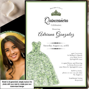 Elegant dress 15th birthday sage green Quinceanera Invitation