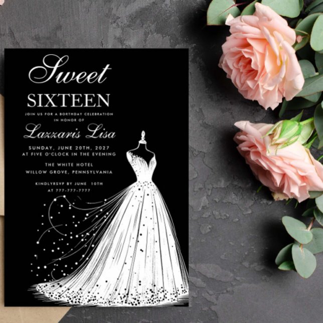 Elegant Dress Black Sweet Sixteen 16 Birthday Invitation (Creator Uploaded)