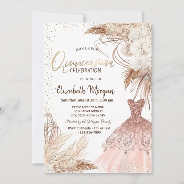 Elegant Dress,Confetti Boho Flowers Quinceañera  Invitation (Front)