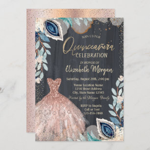 Elegant Dress,Confetti Feather Quinceañera Party Invitation
