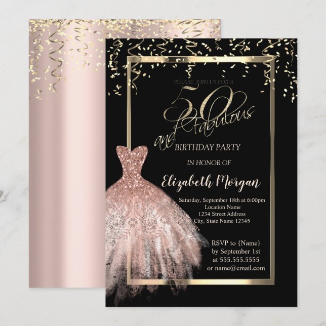 Elegant  Dress,Confetti Rose Gold 50th Birthday Invitation (Front/Back)