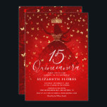 Elegant Dress Crown Red and Gold Quinceanera Invitation<br><div class="desc">Elegant red and gold quiceanera invitations that can be easily personalised for a sweet 15/16 birthday party! The luxurious dark red design illustrated by the artist Raphaela Wilson features a rich ombre fade of dark burgundy red and gold. Pretty butterfly confetti, a royal princess tiara crown, red roses, and other...</div>