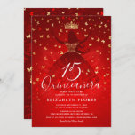 Elegant Dress Crown Red and Gold Quinceanera Invitation<br><div class="desc">Elegant red and gold quiceanera invitations that can be easily personalised for a sweet 15/16 birthday party! The luxurious dark red design illustrated by the artist Raphaela Wilson features a rich ombre fade of dark burgundy red and gold. Pretty butterfly confetti, a royal princess tiara crown, red roses, and other...</div>