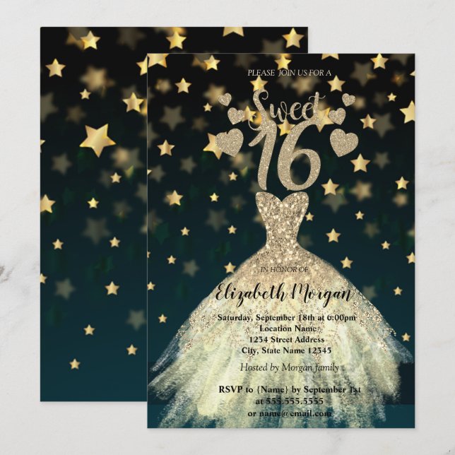 Elegant Dress Gold Stars Glitter Sweet 16 Party Invitation (Front/Back)