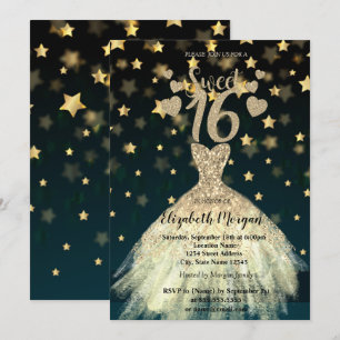 Elegant Dress Gold Stars Glitter Sweet 16 Party Invitation