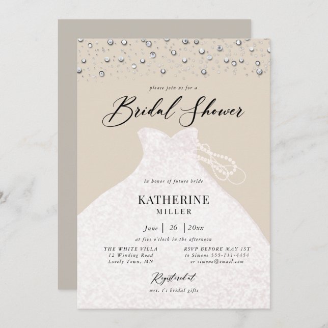 Elegant Dress in Pearls Classy Ecru Bridal Shower Invitation (Front/Back)