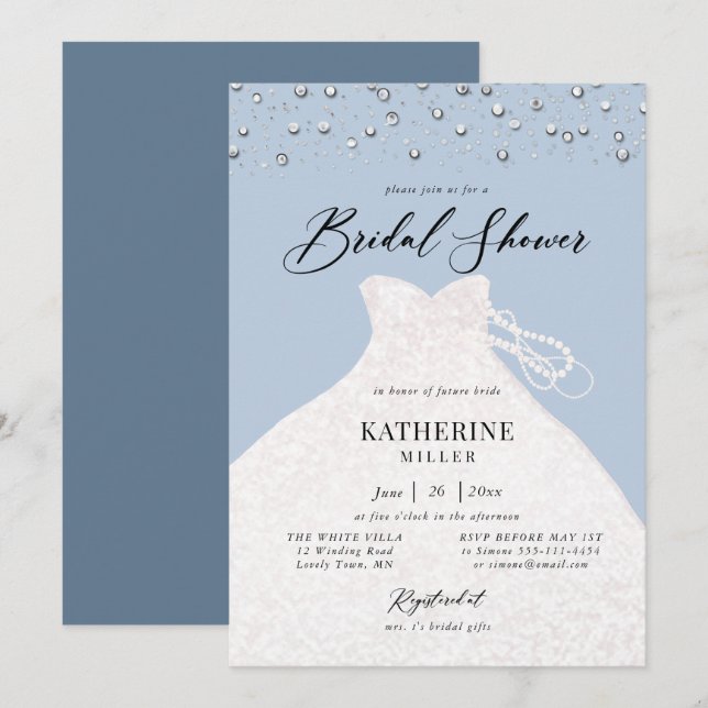 Elegant Dress in Pearls Dusty Blue Bridal Shower Invitation (Front/Back)
