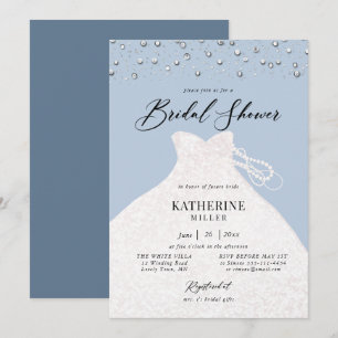 Elegant Dress in Pearls Dusty Blue Bridal Shower Invitation