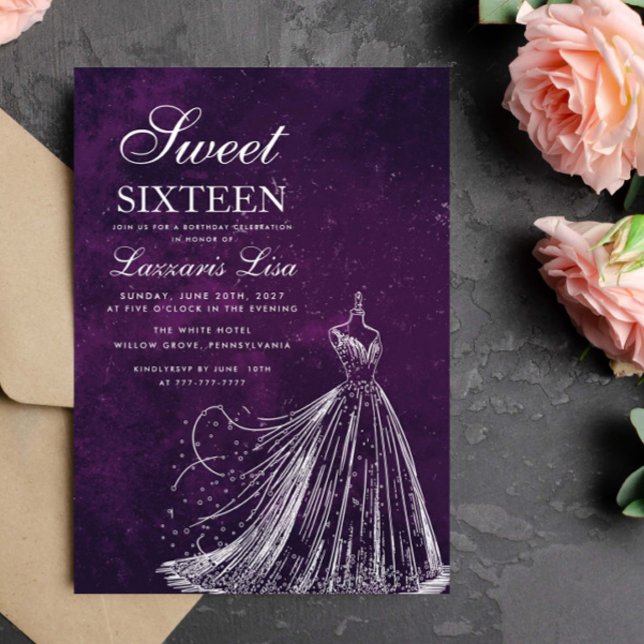 Elegant Dress Purple Sweet Sixteen 16 Birthday Invitation (Creator Uploaded)