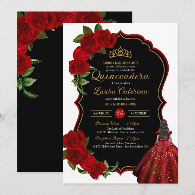 Elegant Dress Quinceanera Red Roses Black and Gold Invitation (Front/Back)