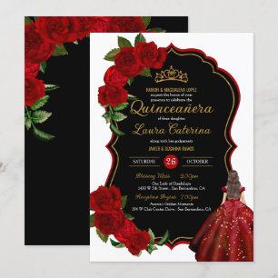 Elegant Dress Quinceanera Red Roses Black and Gold Invitation