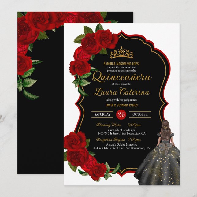 Elegant Dress Quinceanera Red Roses Black and Gold Invitation (Front/Back)