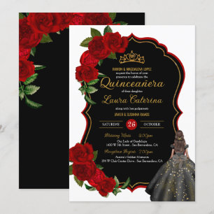 Elegant Dress Quinceanera Red Roses Black and Gold Invitation