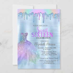 Elegant Dress Rainbow Drips Blue Metallic Invitation
