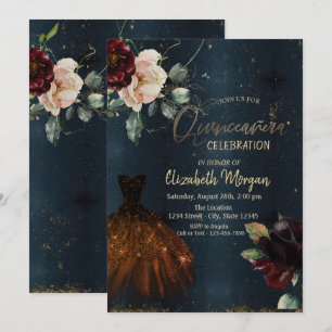 Elegant Dress,Roses Dark Blue Quinceañera   Invitation