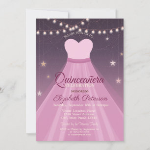Elegant Dress, String Lights Quinceañera Invitation
