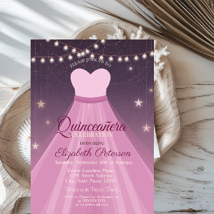 Elegant Dress, String Lights Quinceañera Invitation