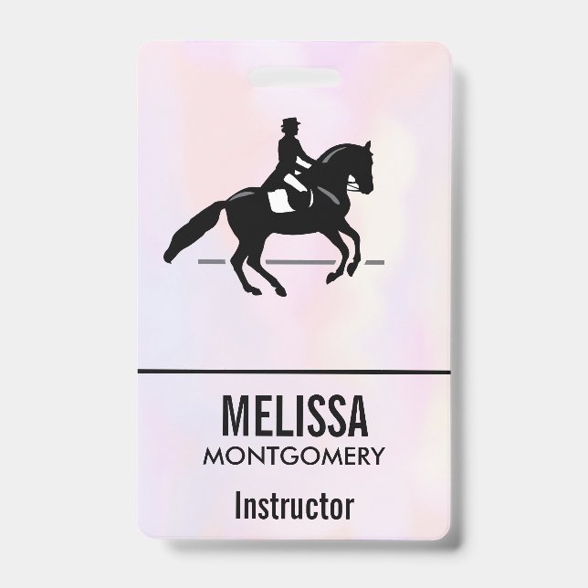 Elegant Dressage Rider on a Watercolor Background ID Badge (Front)