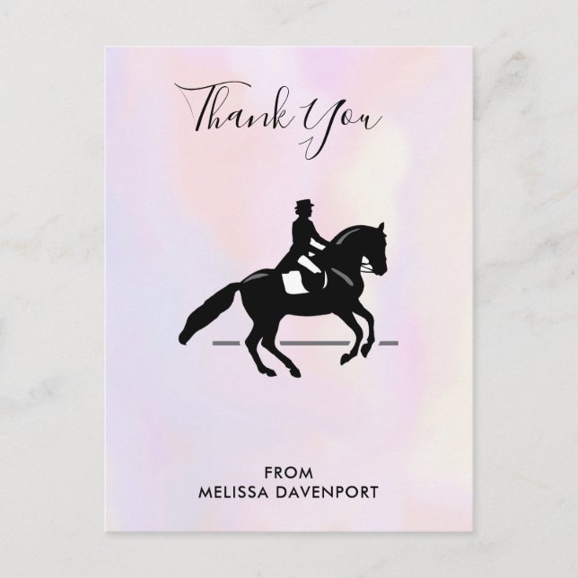Elegant Dressage Rider on Watercolor Thank You Postcard (Front)