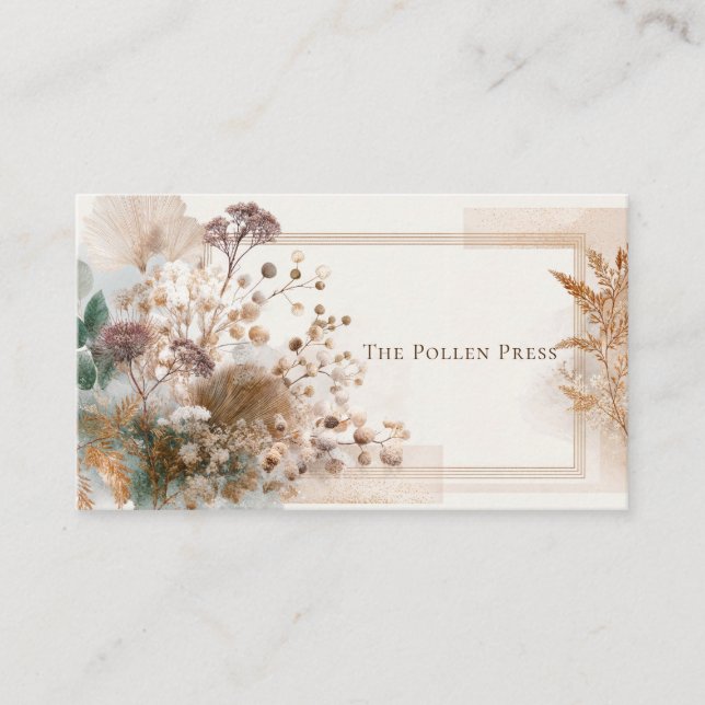 Elegant Dried Floral Bohemian Gold Glitter Business Card (Front)