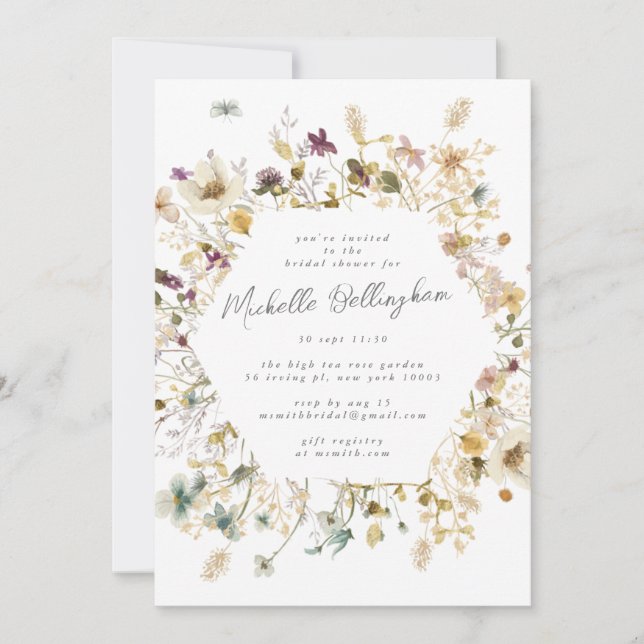 Elegant Dried Wildflower Pampas Bridal Shower Invitation (Front)