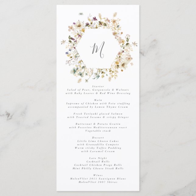 Elegant Dried Wildflower Pampas Floral Wedding Menu (Front)