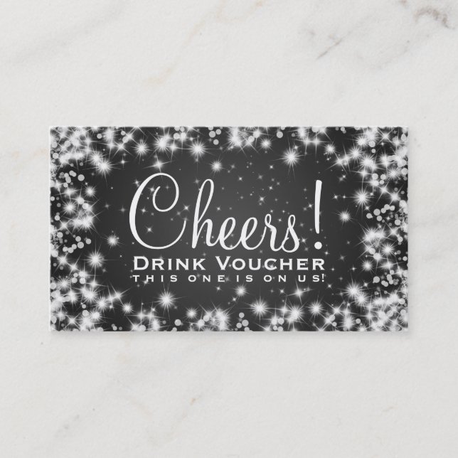Elegant Drink Voucher Party Winter Sparkle Black Discount Card (Front)