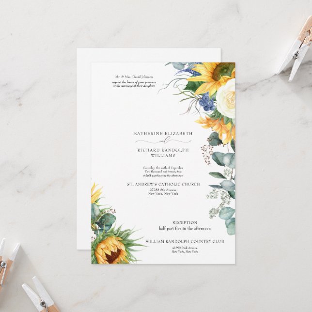 Elegant Dripping Sunflowers Floral Wedding 2 Venue Invitation (Front/Back In Situ)